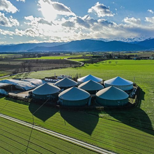 A modern biogas plant in the province of Cuneo in Piedmont. Cardè, Italy - January 2023